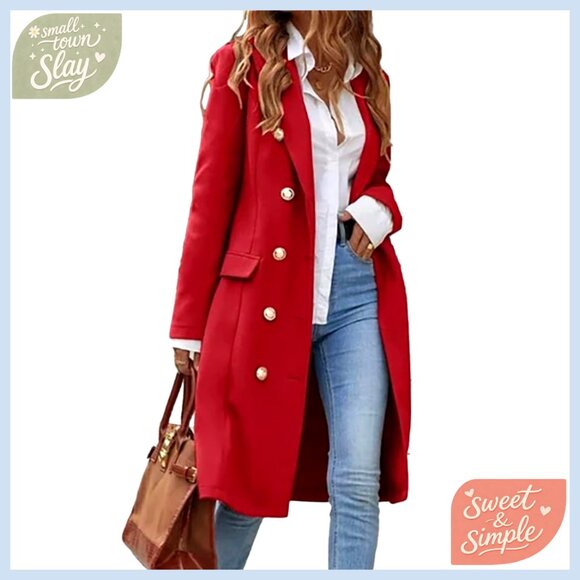 Long Wool Pea Coat Double Breasted Knee Length Trench Jacket Women